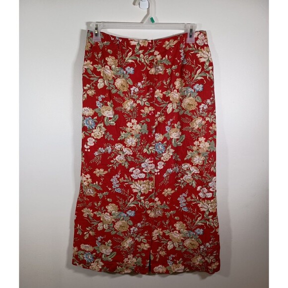 220 Hickory Blair Linen Cotton Red Floral Cottage Pockets Skirt Retro Size Large - Picture 1 of 8